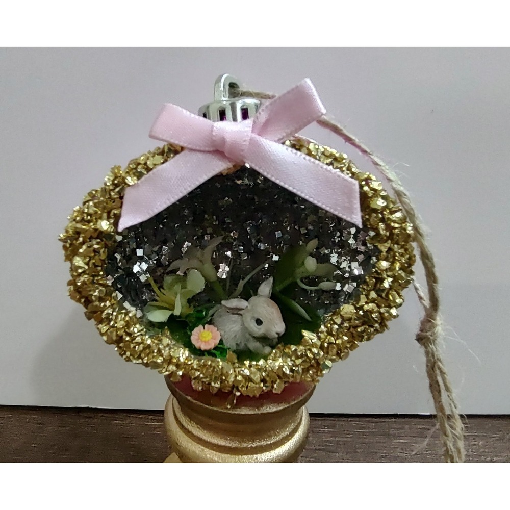 Bunny Rabbit Christmas Ornament Handmade Vtg Style OOAK Shatterproof Diorama